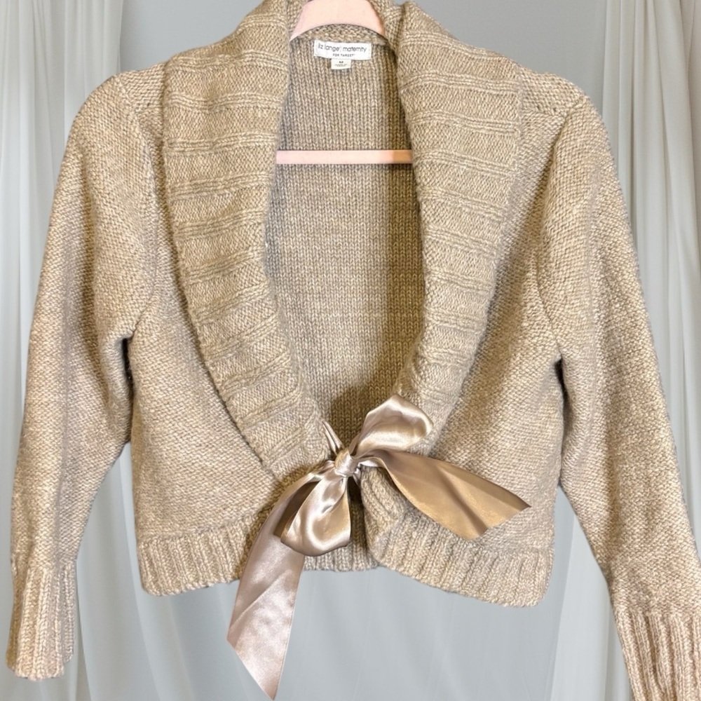 Liz Lange Beige Cropped Cardigan with Satin Bow